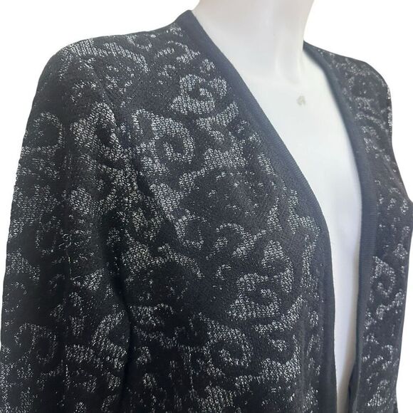 Chico’s Black Silver Metallic Brocade Wool Blend‎ Open Front Midi Cardigan sz M - Picture 3 of 10